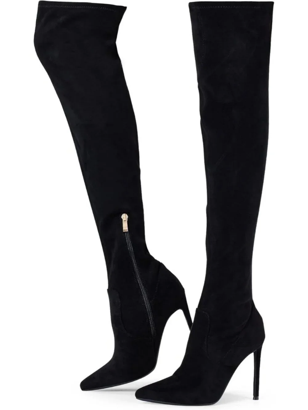 Women's Black Synthetic Rubber Stretch Suede Long Pointed Toe Over the Knee Boot